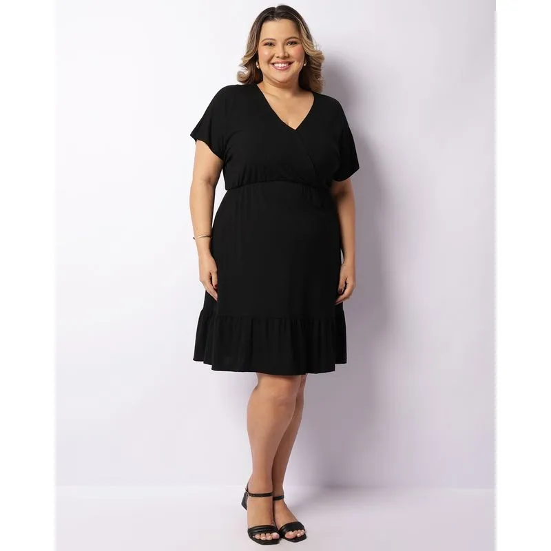 Vestido Plus Size Feminino Decote Transpassado Preto G2