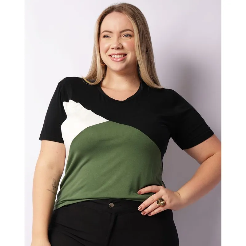 Blusa Plus Size Feminina Manga Curta Com Recortes Preta G1
