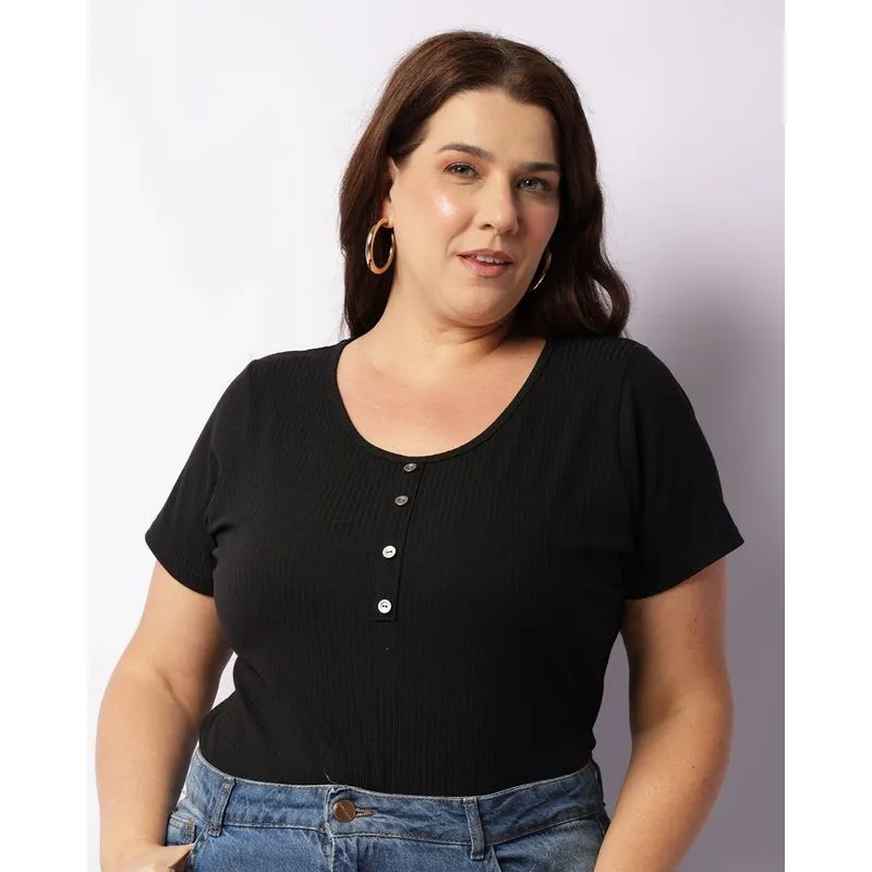 Blusa Plus Size Feminina Canelada Manga Curta Preta G2