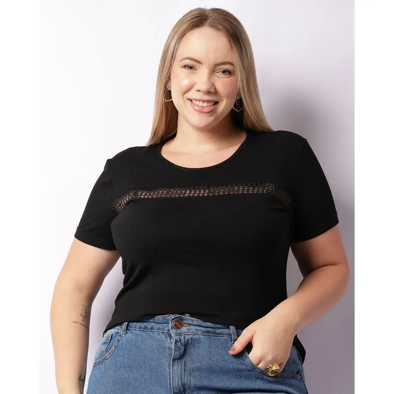 Blusa Plus Size Feminina Detalhe Entremeio Manga Curta Preta G2