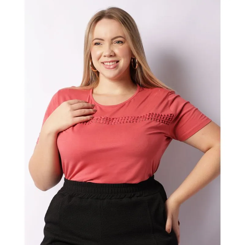 Blusa Plus Size Feminina Detalhe Entremeio Manga Curta Rosa G1