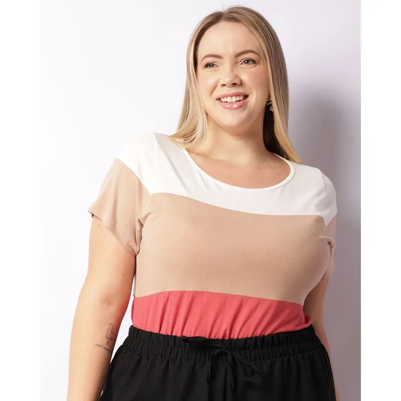 Blusa Plus Size Feminina Manga Curta Com Recortes Off White G3