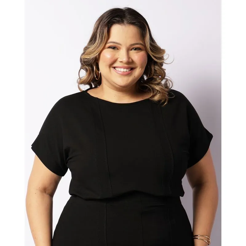 Blusa Plus Size Feminina Manga Curta Recorte Frontal Molecotton Preta G3