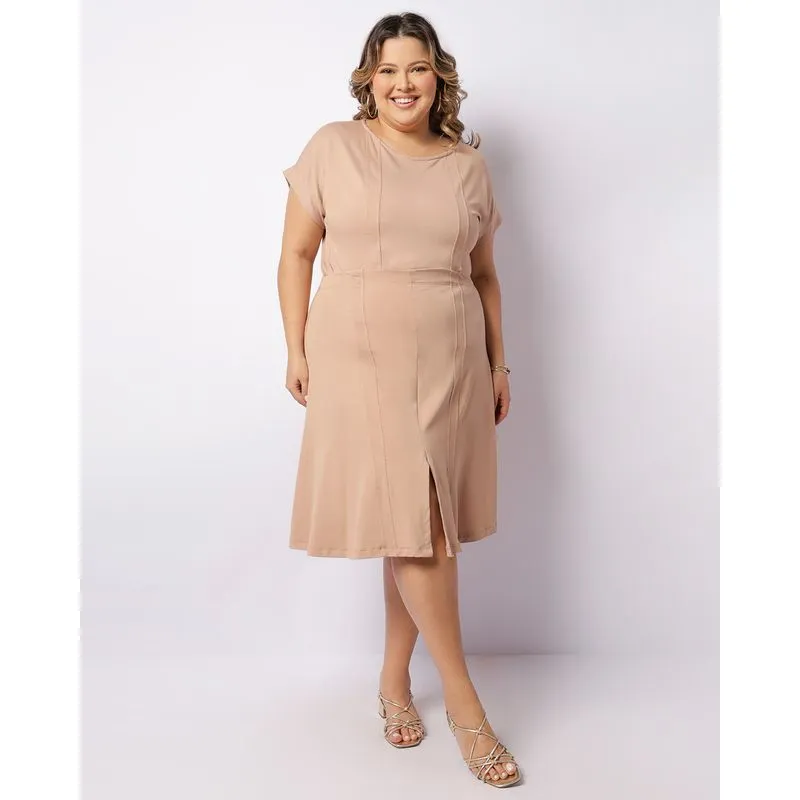 Saia Plus Size Feminina Midi Com Fenda Recortes Bege G2