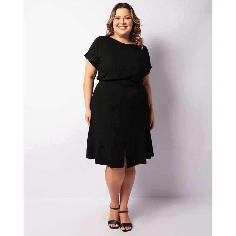 Saia Plus Size Feminina Midi Com Fenda Recortes Preta G2