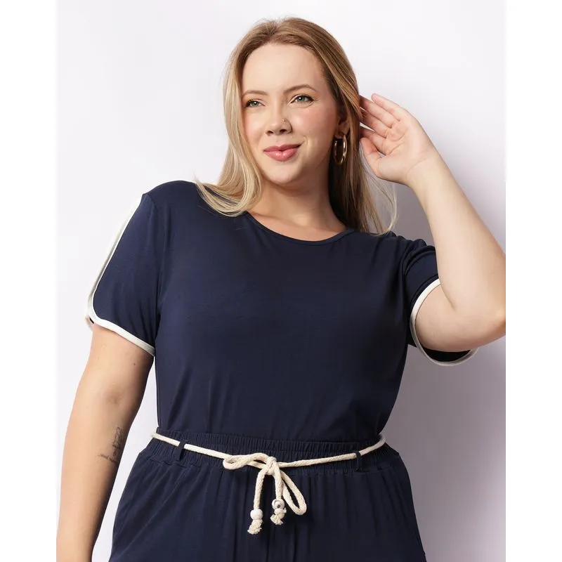 Blusa Plus Size Feminina Com Recorte Nas Mangas Marinho G1