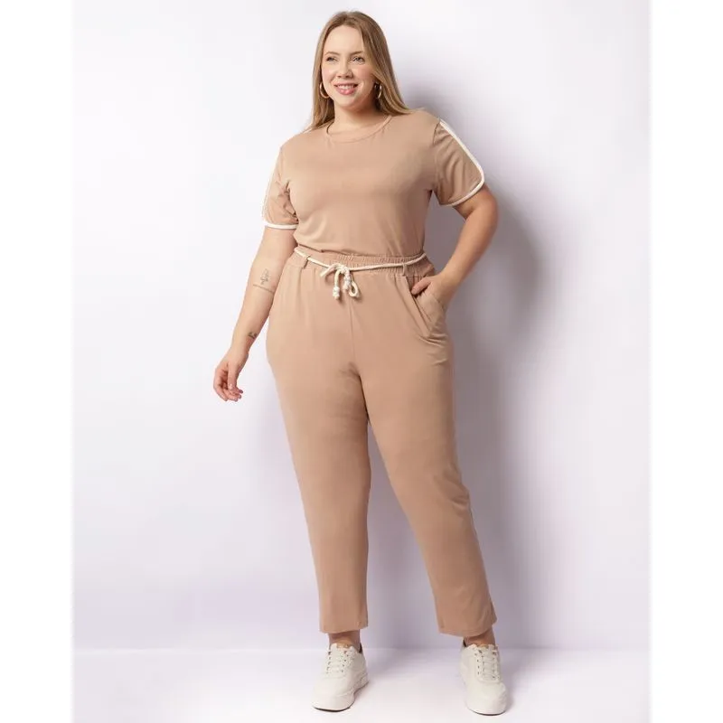Calça Plus Size Feminina Reta Com Cordão Bege G2