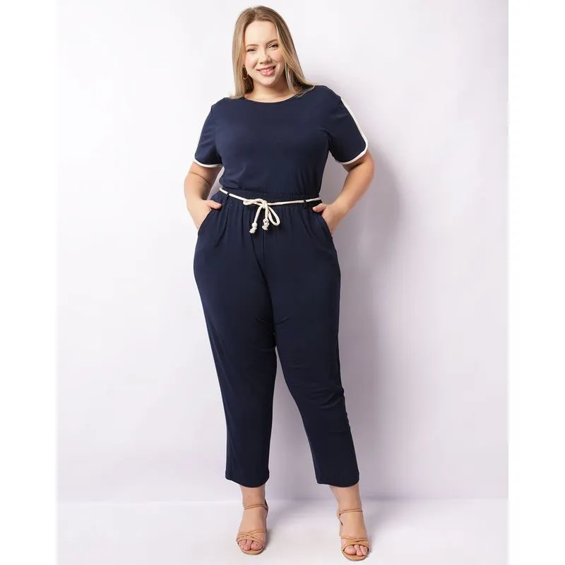 Calça Plus Size Feminina Reta Com Cordão Marinho G1