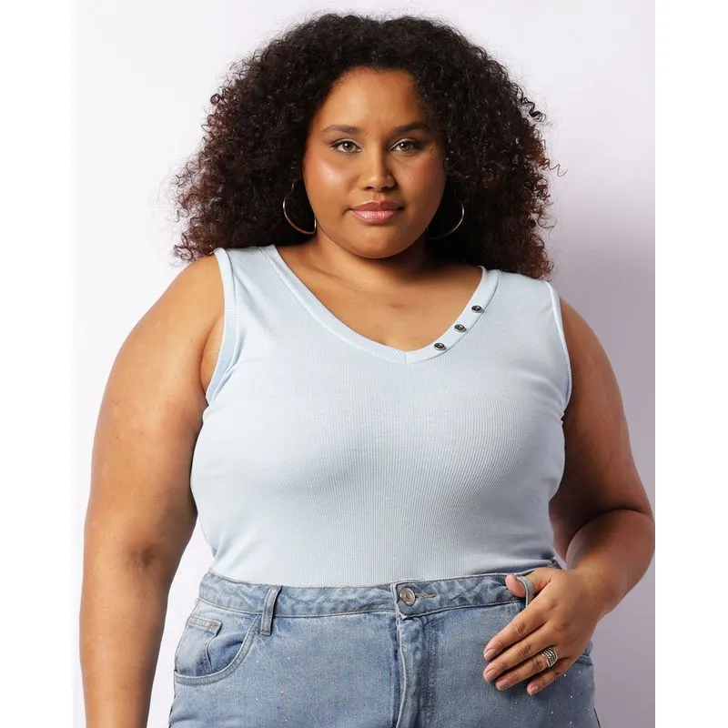 Regata Plus Size Feminina Canelada Botões Decorativo Azul G2