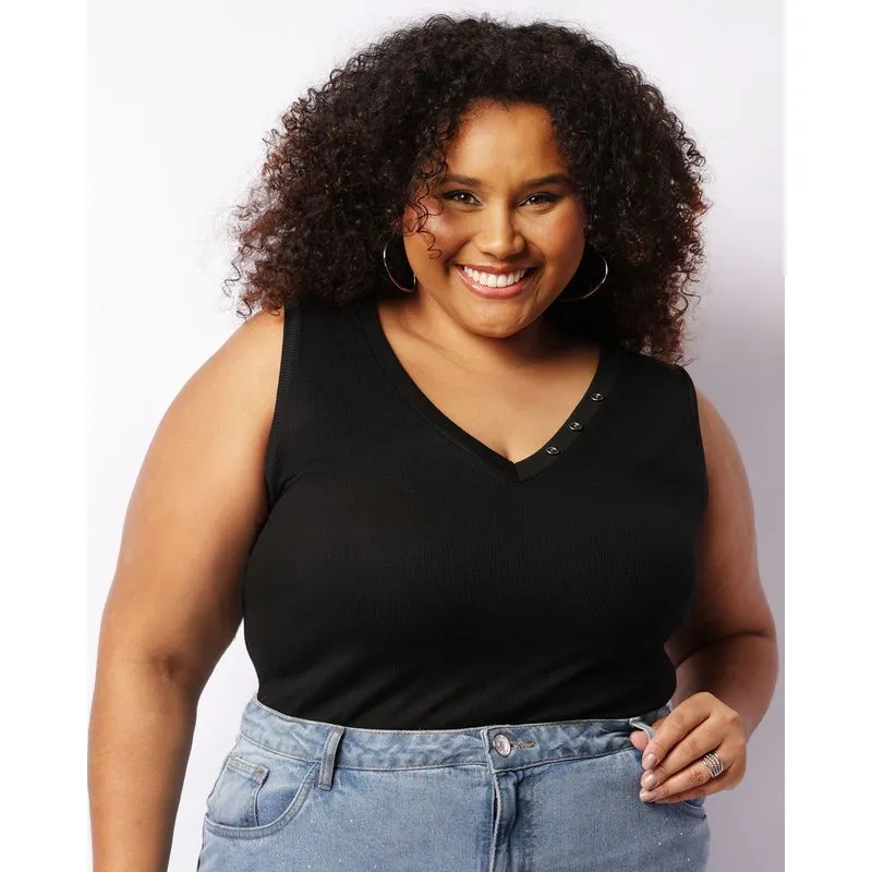 Regata Plus Size Feminina Canelada Botões Decorativo Preta G2