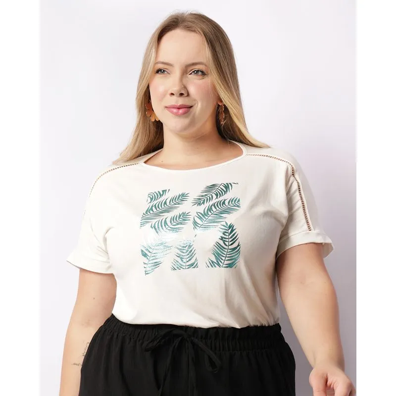 Blusa Plus Size Feminina Estampa Frontal Com Entremeio Off White G2