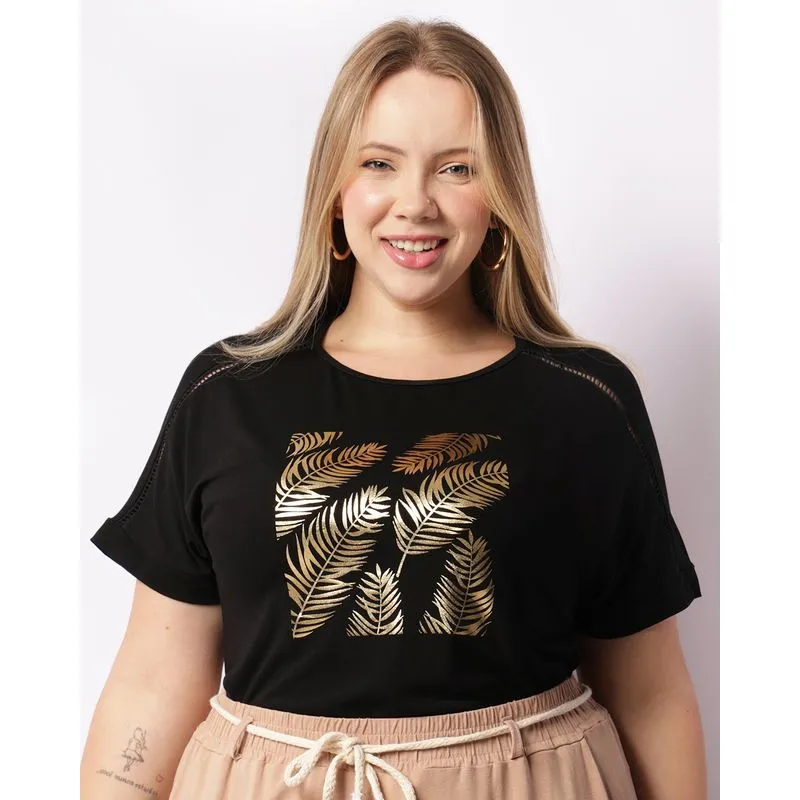 Blusa Plus Size Feminina Estampa Frontal Com Entremeio Preta G3