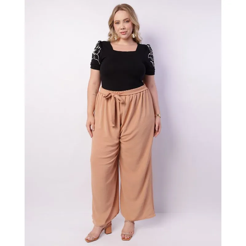 Calça Plus Size Feminina Pantalona Amarração Bege G1