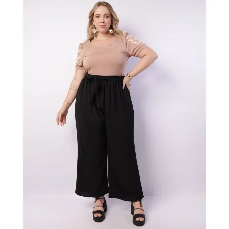 Calça Plus Size Feminina Pantalona Amarração Preta G2