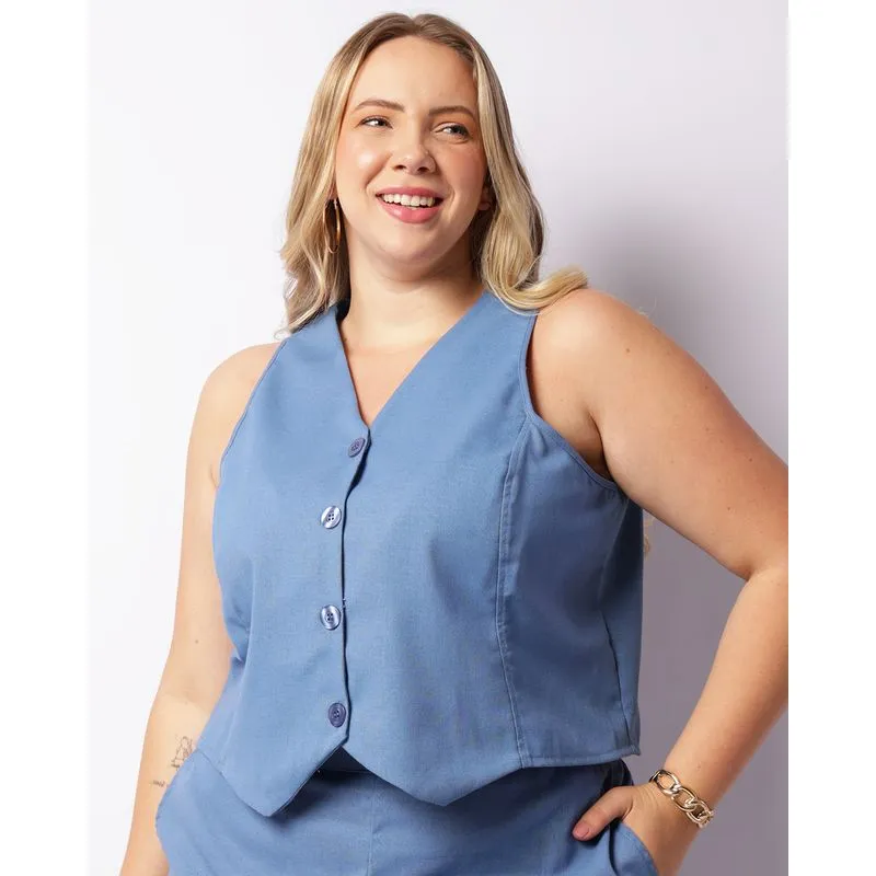 Colete Plus Size Feminino Decote V Com Botões Azul G1
