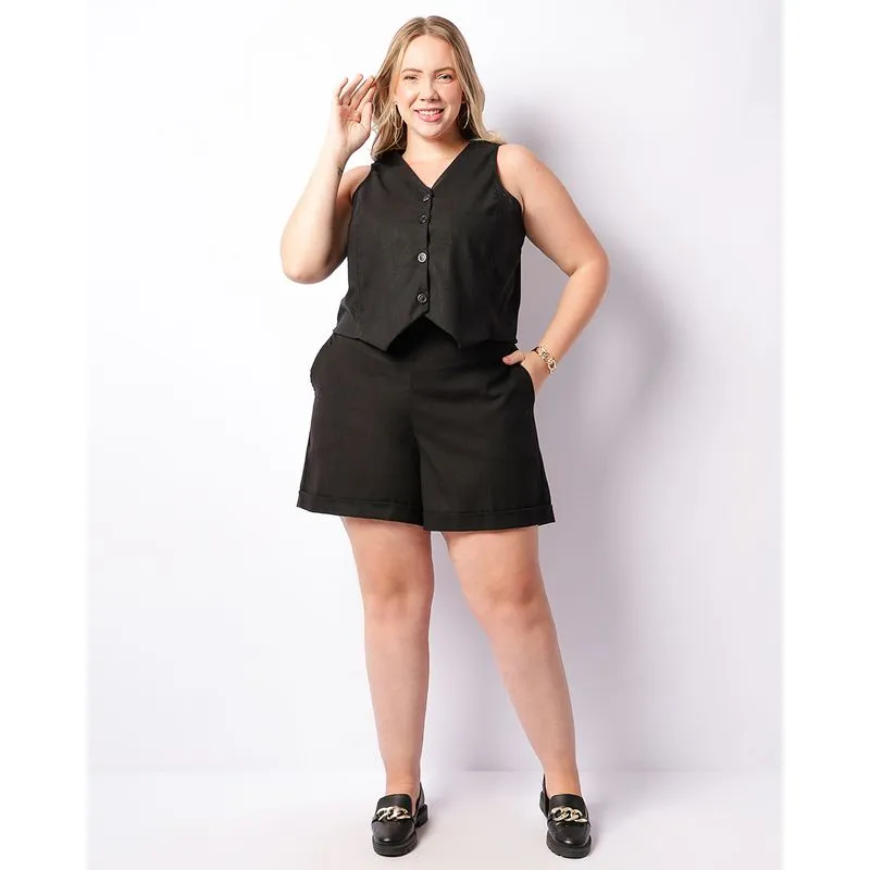 Short Plus Size Feminino Curto Viscolinho Barra Italiana Preto G2