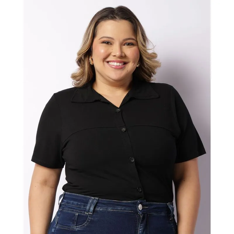 Camisa Plus Size Feminina Com Botões Manga Curta Preto G2