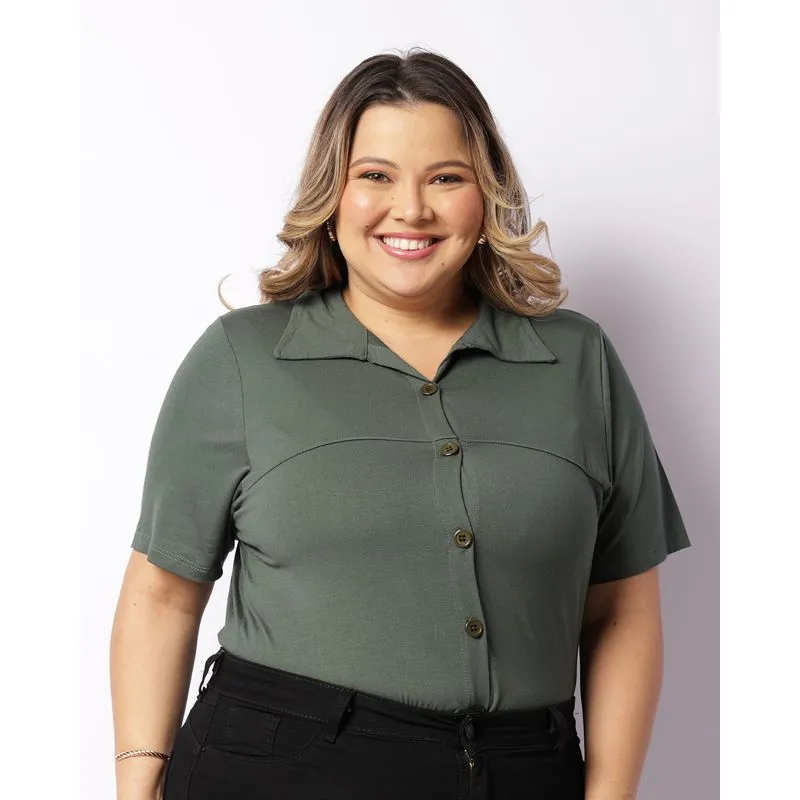 Camisa Plus Size Feminina Com Botões Manga Curta Verde G1