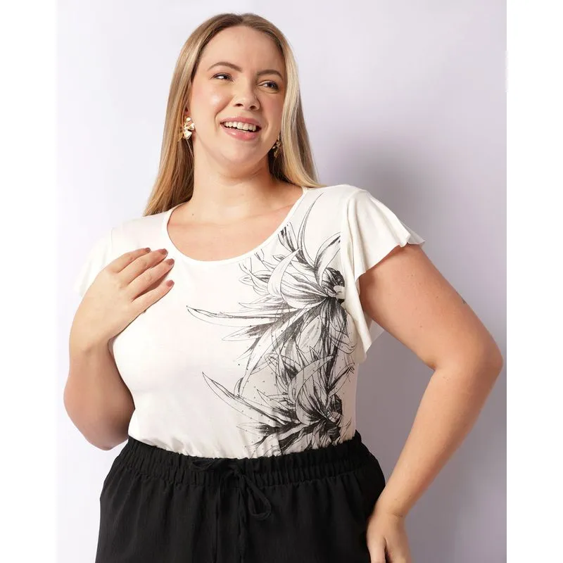 Blusa Plus Size Feminina Estampada Manga Curta Off White G1