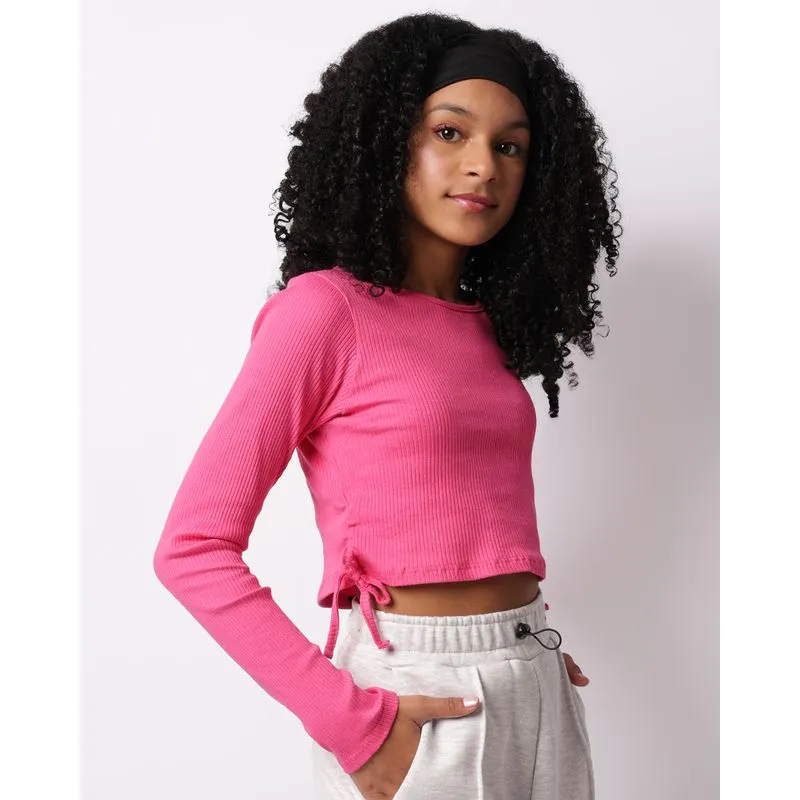 Blusa Juvenil Manga Longa Cropped Franzido Amarração Rosa 10