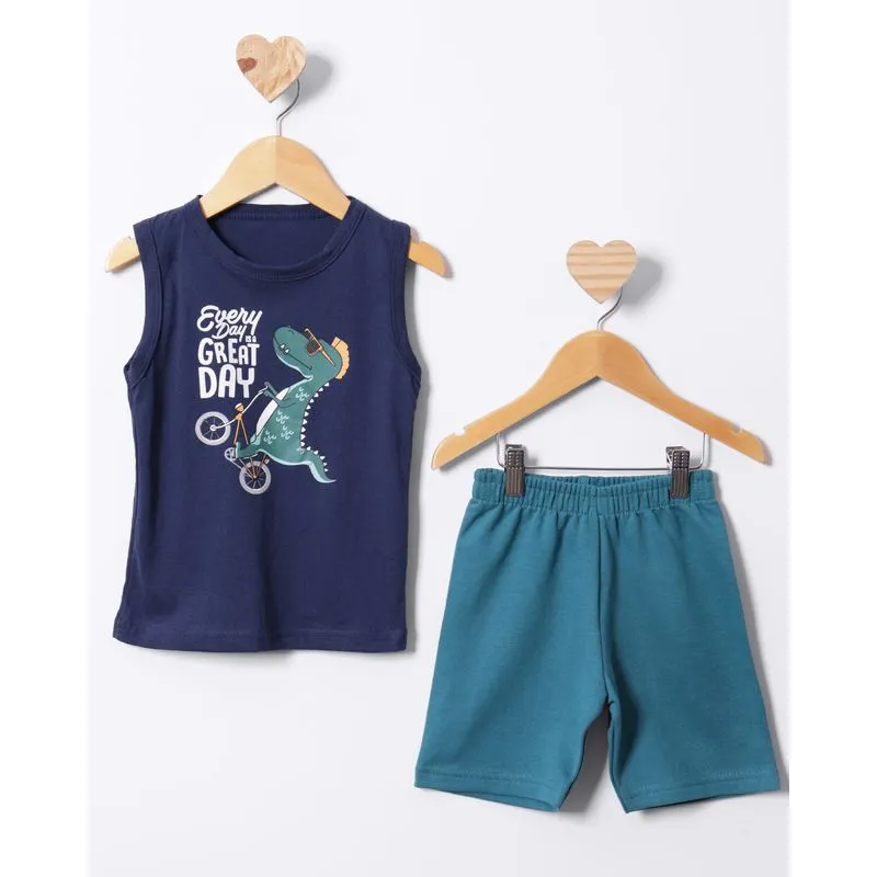 Conjunto Regata Bebê Curto Estampa Dinossauro Marinho 2