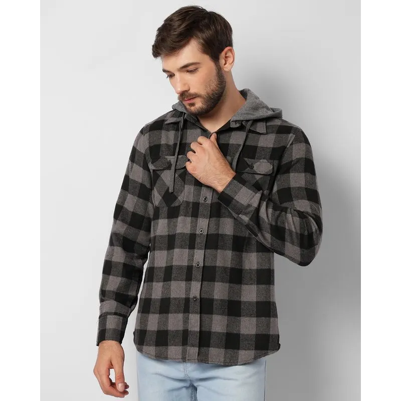 Camisa Masculina Flanelada Xadrez Bolsos Com Capuz Cinza GG