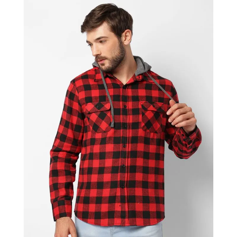 Camisa Masculina Flanelada Xadrez Bolsos Com Capuz Vermelha G