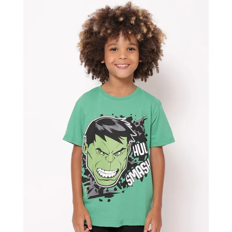 Camiseta Infantil Algodão Marvel Hulk Manga Curta Verde 4