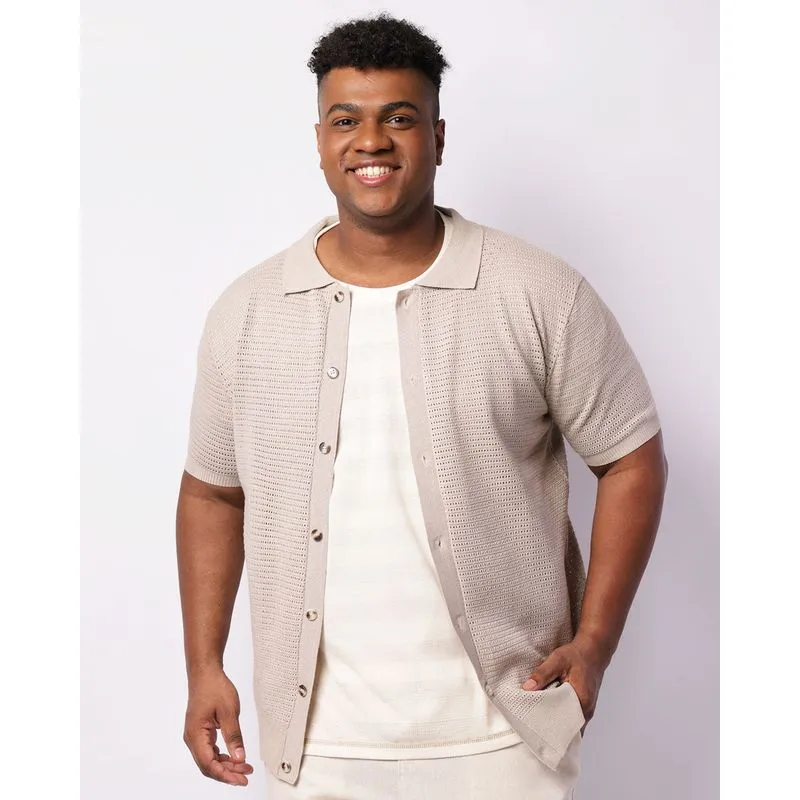 Camisa Plus Size Masculina Manga Curta Tricô Bege G2