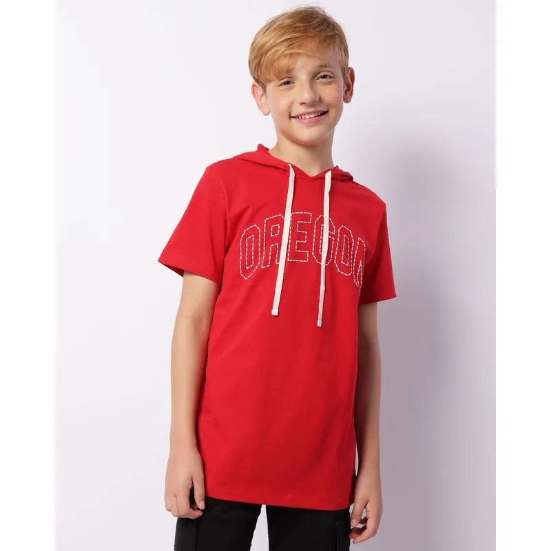 Camiseta Juvenil Estampa Escrita Com Capuz Manga Curta Vermelha 10