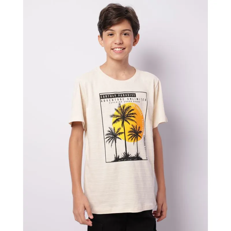 Camiseta Juvenil Texturizada Estampa Tropical Manga Curta Bege 14