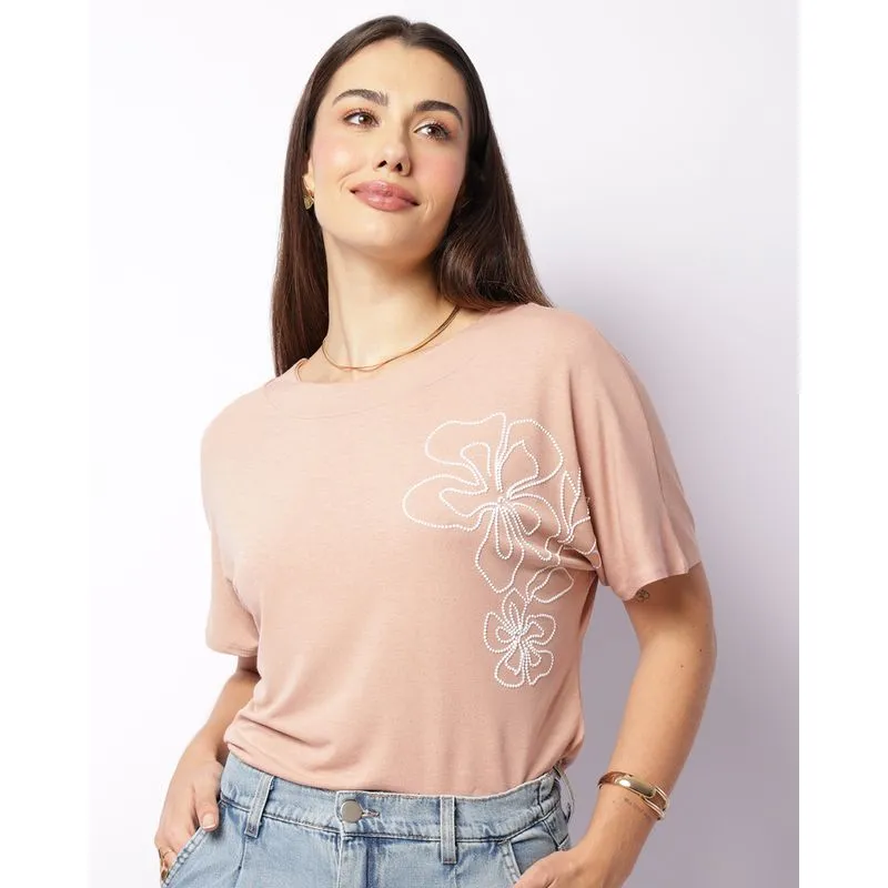 Blusa Feminina Manga Curta Aplicação Frontal Texturizada Rosa P
