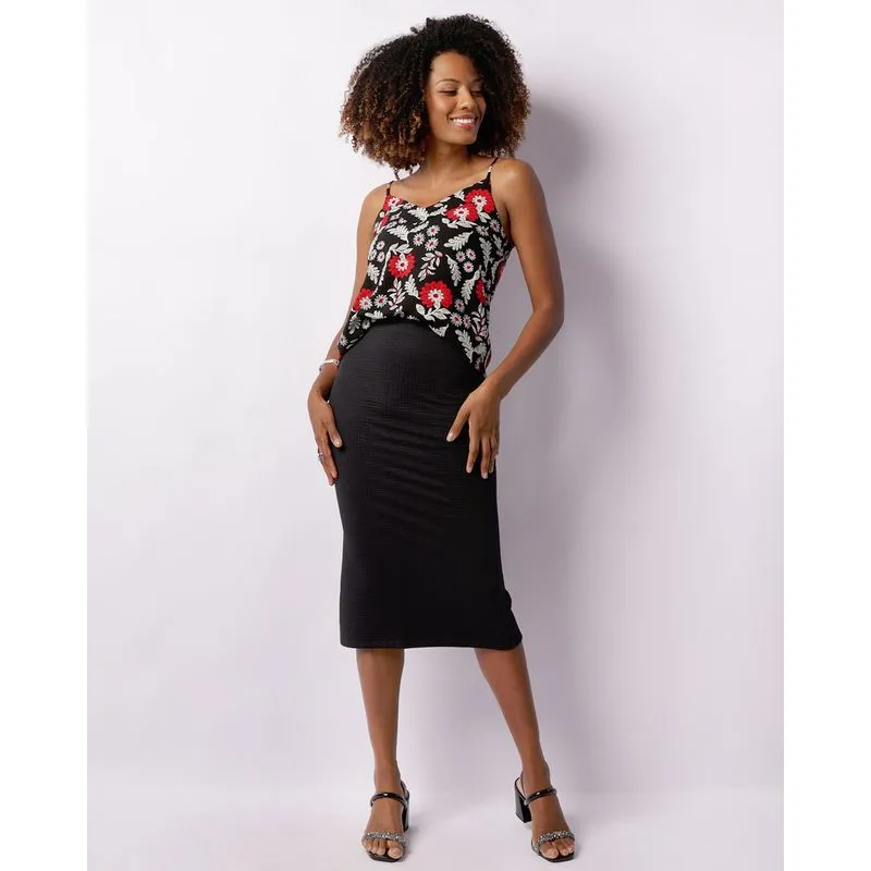 Saia Feminina Midi Anarruga Com Fenda Preta GG