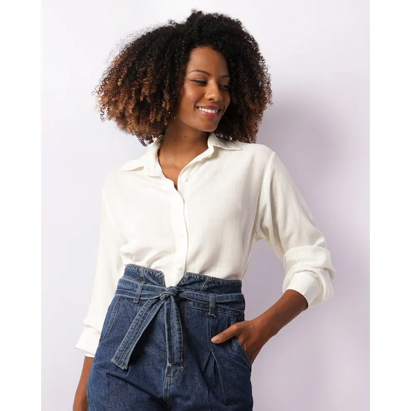 Camisa Feminina Manga Longa Com Botões Viscose Off White P