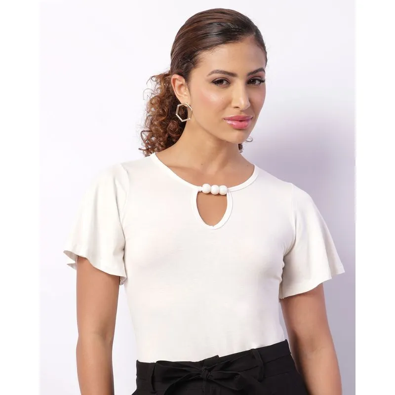 Blusa Feminina Manga Curta Miçangas No Decote Off White M