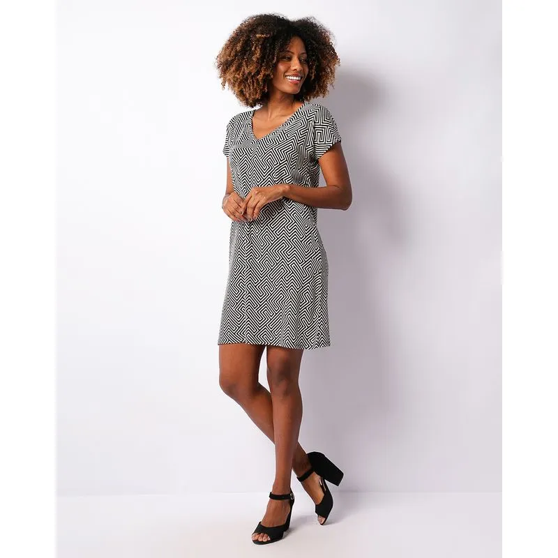 Vestido Feminino Curto Crepe Estampa Geométrica Cinza G