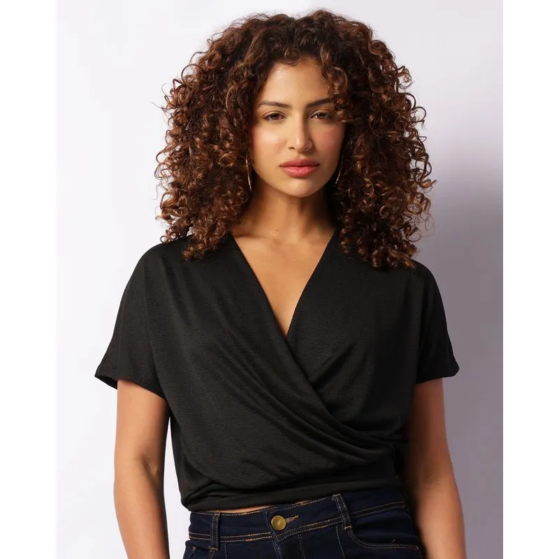 Blusa Feminina Manga Curta Cropped Texturizada Translucida Preta P