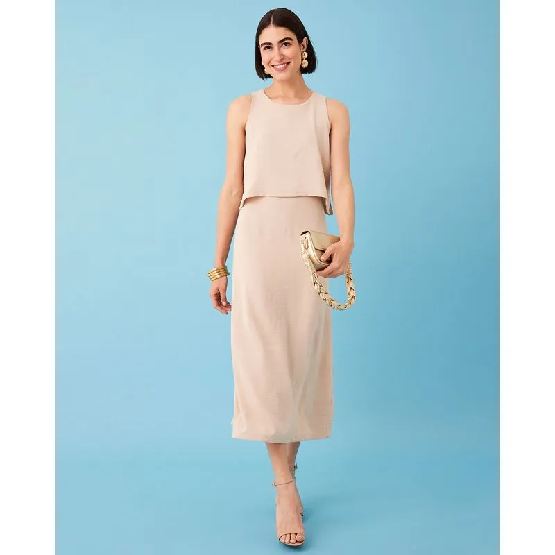 Vestido Feminino Midi Com Sobreposição Bege M
