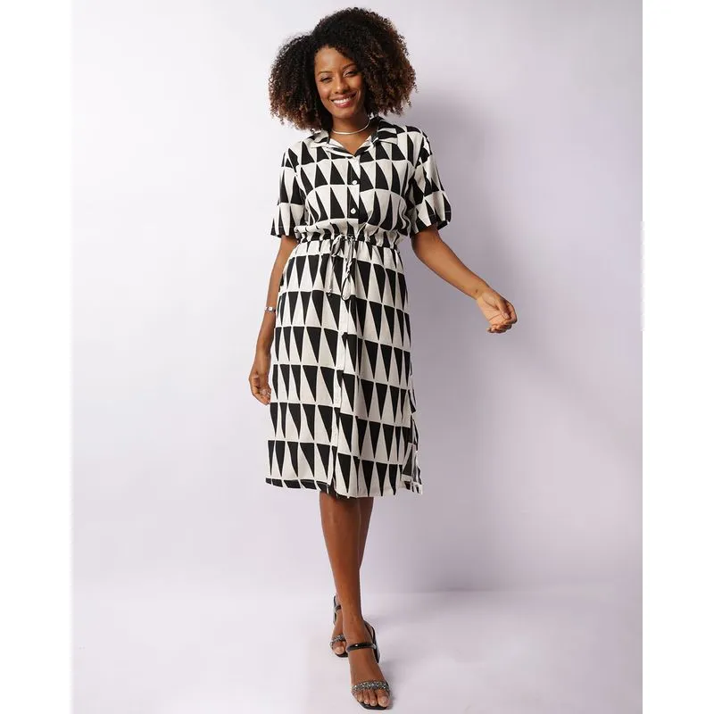 Vestido Feminino Midi Chemise Manga Curta Estampado Preto GG