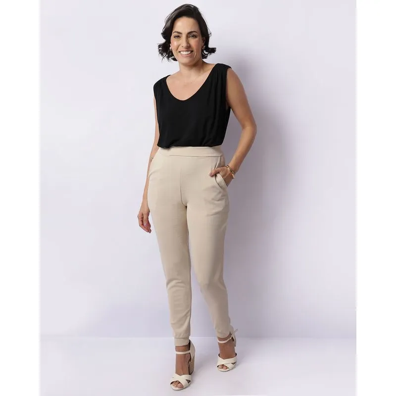 Calça Feminina Crepe Jogger Com Bolsos Bege GG
