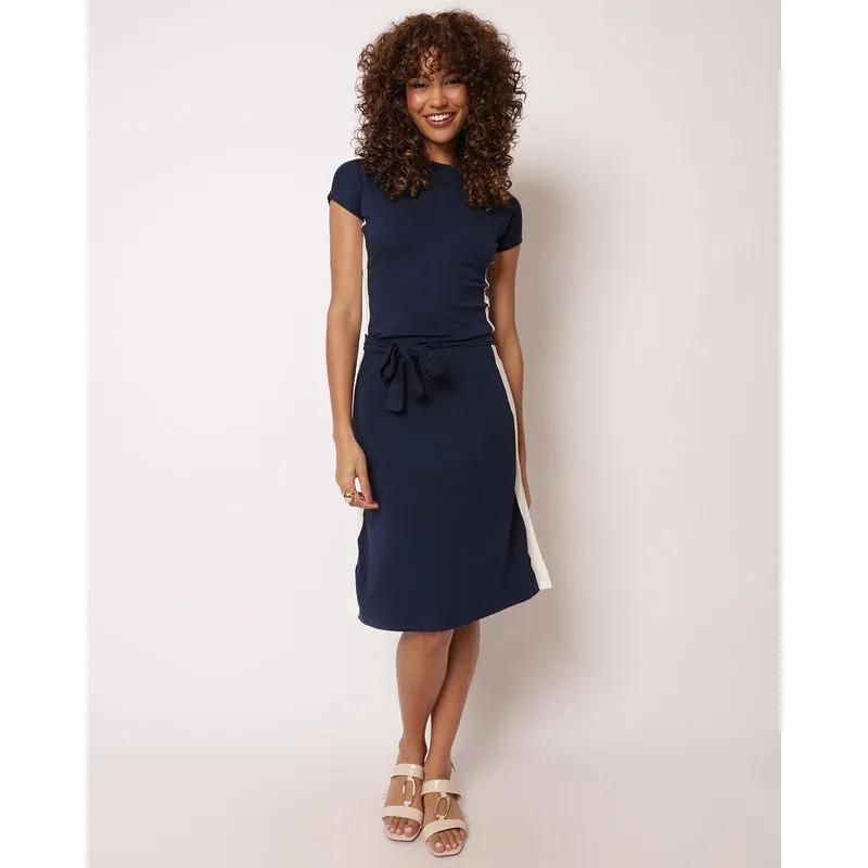 Vestido Feminino Midi Moletinho Bicolor com Fenda Marinho XG
