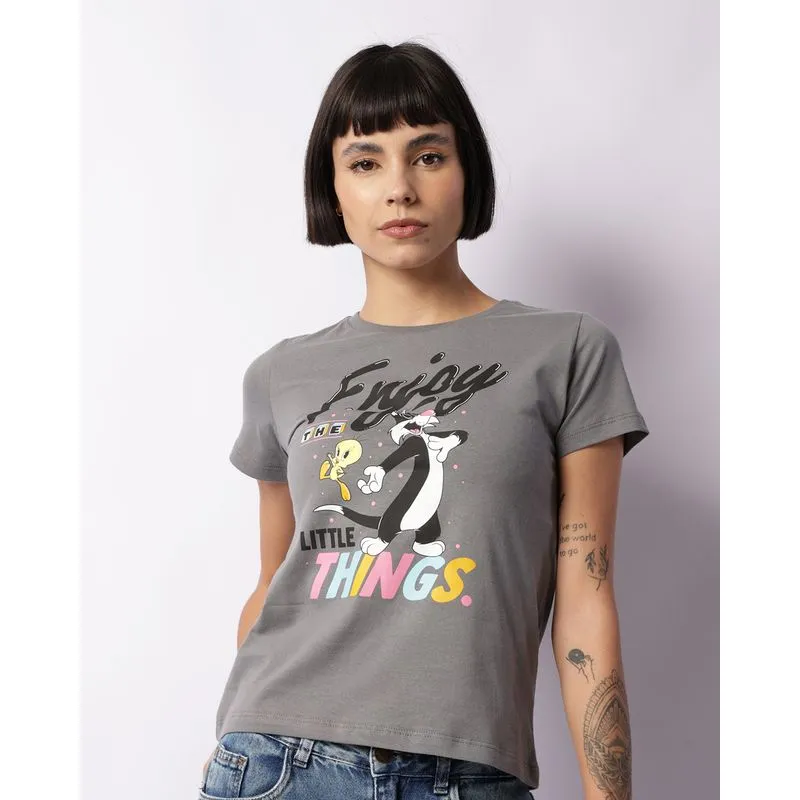 Camiseta Feminina Pui-Piu E Frajola Looney Tunes Manga Curta Cinza P