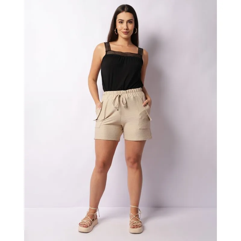 Short Feminino Anarruga Curto Com Cordão Bege GG