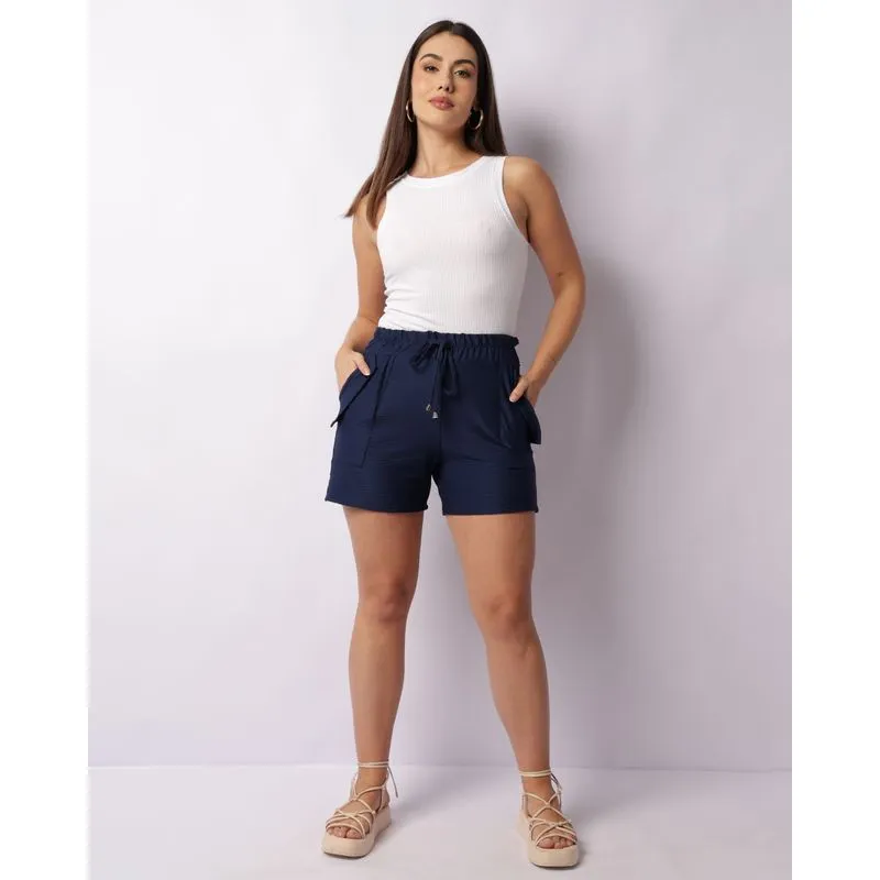 Short Feminino Anarruga Curto Com Cordão Marinho M