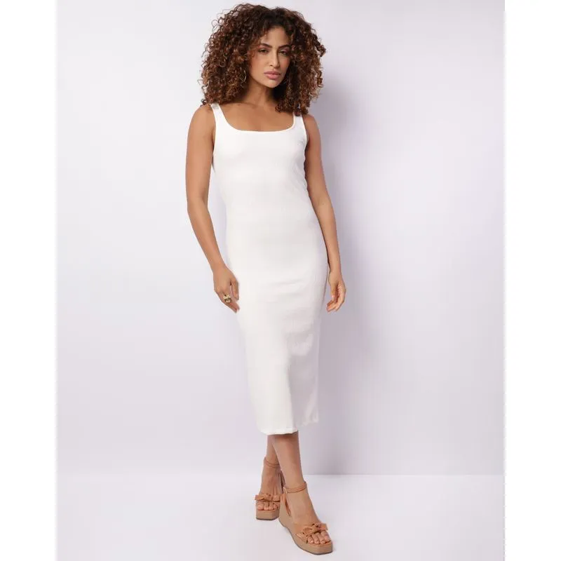 Vestido Feminino Midi Alça Texturizada Com Fenda Off White P