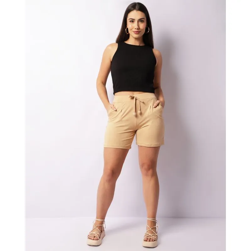 Bermuda Feminina Reta Cordão Com Miçanga Bege GG