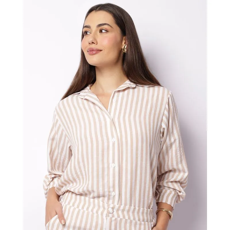 Camisa Feminina Manga Longa Mullet Listrada Bege M