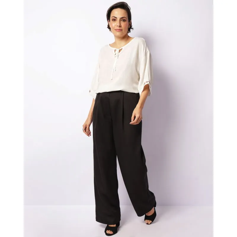Calça Feminina Pantalona Alfaiataria Plissada Preta GG