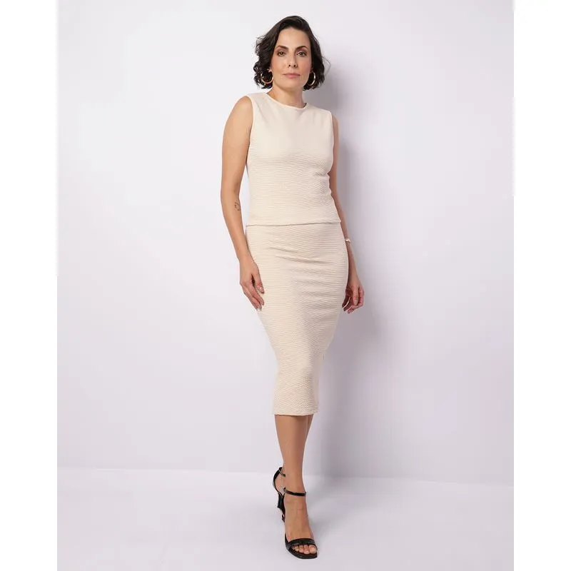 Saia Feminina Midi Anarruga Com Fenda Bege M