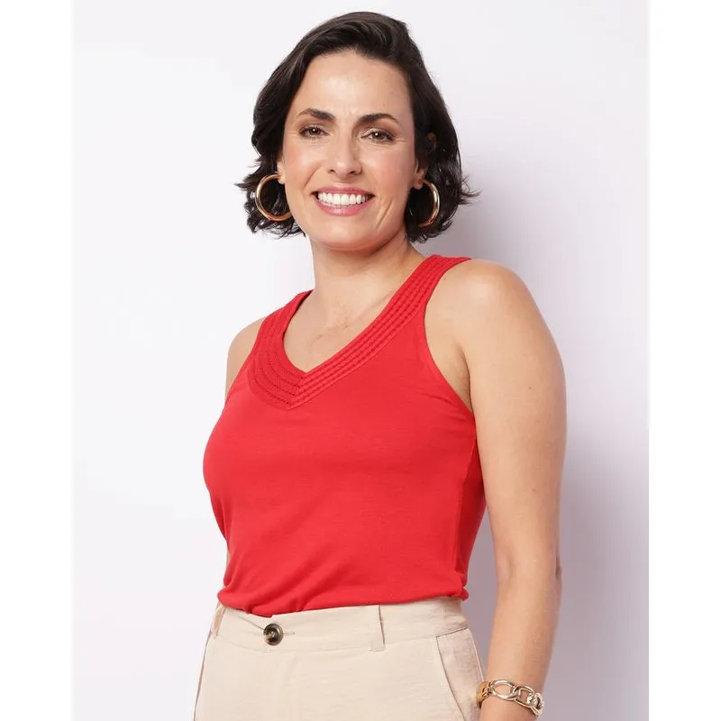 Regata Feminina Decote V Com Renda Vermelha GG